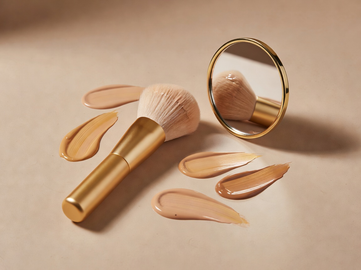 Soft-lit foundation brush, gold mirror and sculpted cream foundation swatches on a warm plain surface