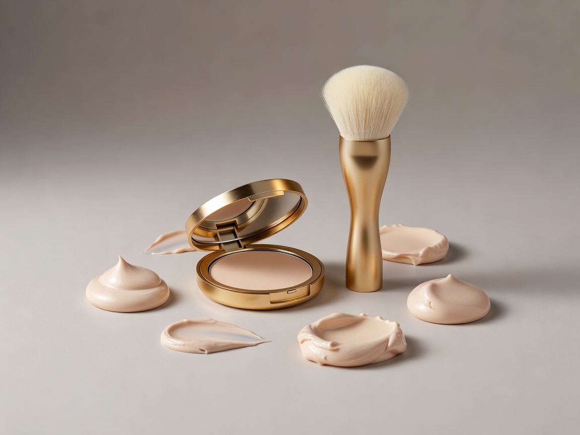 Gold compact, sculptural brush and cream cosmetic forms arranged in a softly lit studio still life