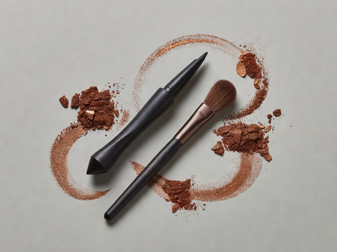 Sculptural dark eye pencil, small blending brush and bronze powder forms in soft studio lighting