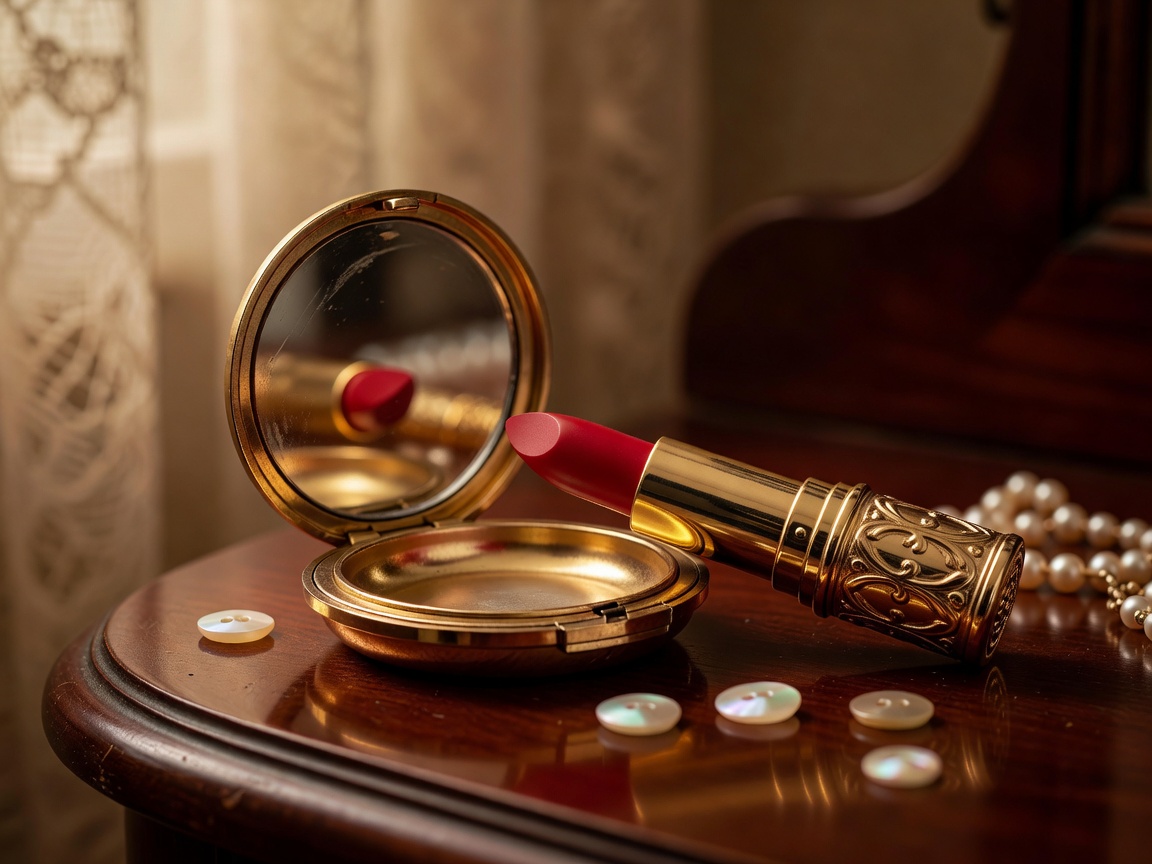 Vintage-inspired crimson lipstick and gold compact rendered in soft warm light